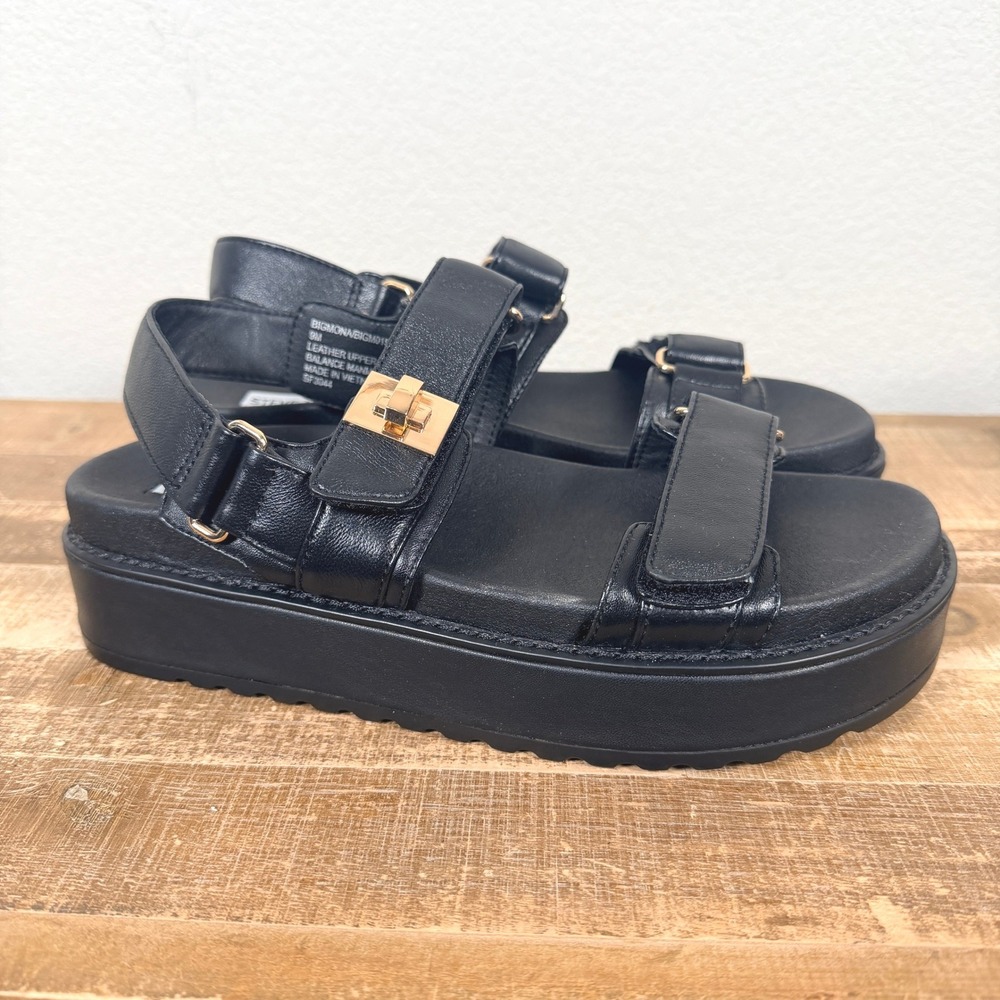 Steve Madden Big Mona Platform Sandals Women 9 Black Leather Gold Turn Lock